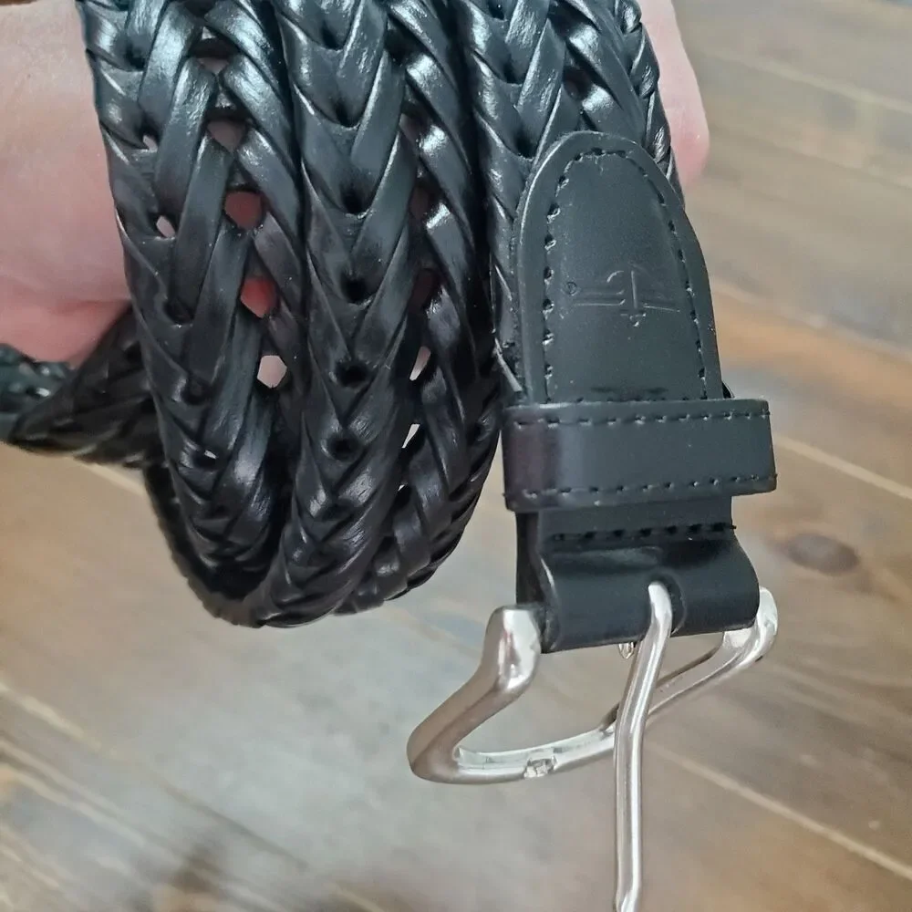 Dockers Braided Belt Men's 40 Black Leather Tab & Cord Woven Silvertone Buckle